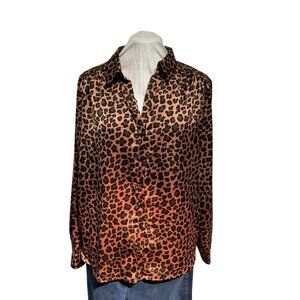 Pleione Leopard Print Satin Blouse XL Button-Down Long Sleeve Lightweight Womens